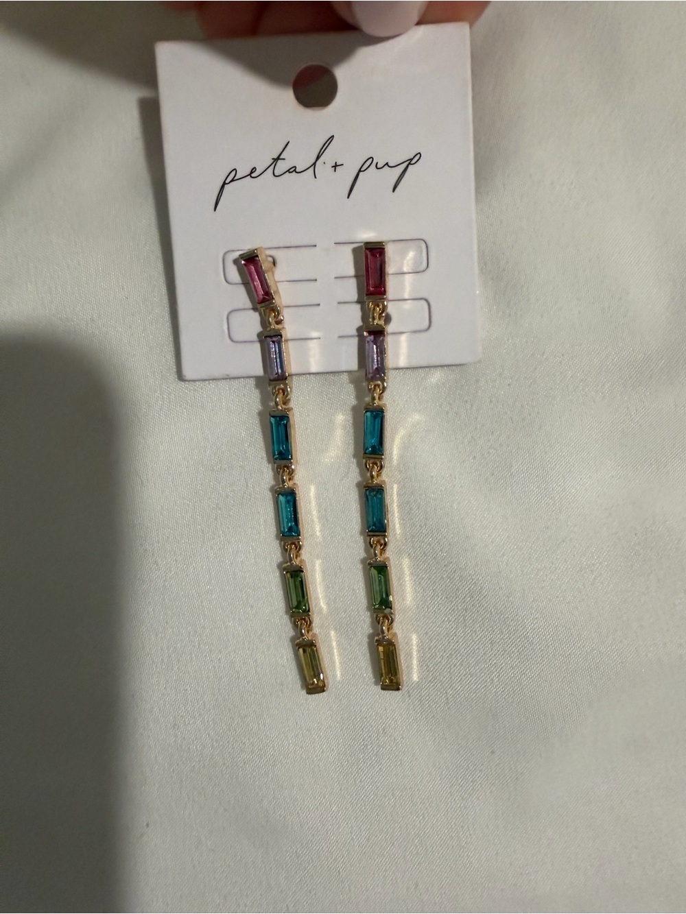 Petal & Pup Pink Purple Blue Green Yellow Baguette Drop Earrings, never worn.